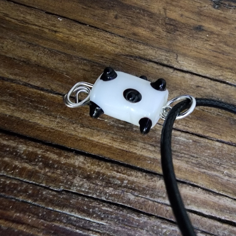 Handmade Black Cord Necklace with White cylinder shape bead and black polka dots